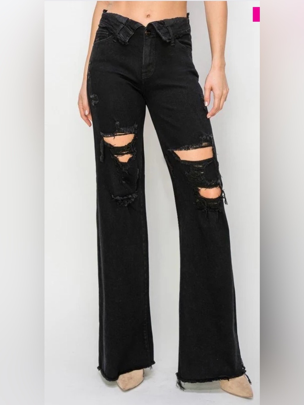 High-Rise Black Distressed Wide-Leg Jeans